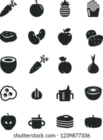 Solid Black Vector Icon Set - mug for feeding vector, measuring cup, piece of meat, carrot, fried potato slices, omelette, pancakes, peach, red apple, tasty, plum, kiwi, half coconut, pineapple