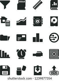 Solid Black Vector Icon Set - floppy disk vector, bar chart, positive histogram, download archive data, estimate, alarm clock, address book, pass card, processor, filter, on statistics, memory, hdd