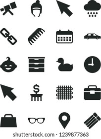 Solid Black Vector Icon Set - spectacles vector, storage unit, rubber duck, comb, cloud, funny hairdo, winter hat, portfolio, wall clock, weaving, location, calendar, hand bag, cursor, telescope
