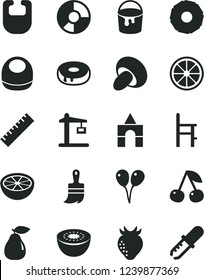 Solid Black Vector Icon Set - yardstick vector, a chair for feeding, box of bricks, colored air balloons, paint bucket, wooden brush, porcini, cake with hole, cherry, pear, strawberry