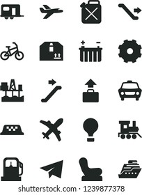 Solid Black Vector Icon Set - truck lorry vector, paper airplane, Baby chair, toy train, car, cardboard box, commercial seaport, gas station, battery, canister, private plane, camper, taxi, bike