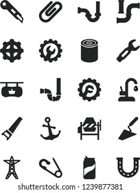 Solid Black Vector Icon Set - open pin vector, trowel, concrete mixer, hand saw, siphon, sewerage, gear, star, stationery knife, kitchen faucet, anchor, clip, tin, soda can, water pipes, power line