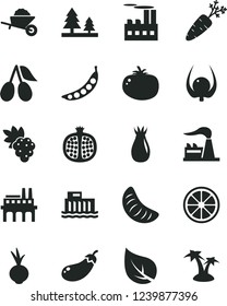 Solid Black Vector Icon Set - garden trolley vector, tomato, beet, half pomegranate, grape, rose hip, cornels, slice of tangerine, juicy lemon, physalis, carrot, peas, eggplant, leaf, factory