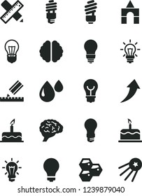Solid Black Vector Icon Set - matte light bulb vector, box of bricks, cake, saving, writing accessories, drawing, honeycombs, drop, energy, brain, arrow up, first satellite