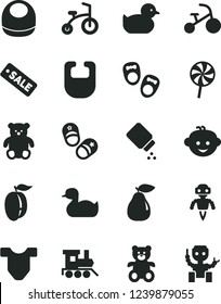 Solid Black Vector Icon Set - baby powder vector, bib, Child T shirt, rubber duck, duckling, teddy bear, small, children's hairdo, toy train, bicycle, tricycle, shoes for little children, lollipop
