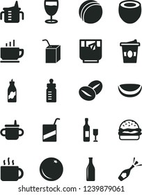 Solid Black Vector Icon Set - mug for feeding vector, measuring cup, bottle, bath ball, e, packing of juice with a straw, coffee, burger, beans, tea, coffe to go, glass, orange, liquor, half, wine