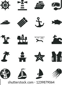 Solid Black Vector Icon Set - anchor vector, fish, commercial seaport, lighthouse, planet, sand castle, sail boat, beach, palm tree, starfish, diving mask, surfing, handwheel, life vest, cruiser