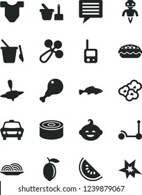 Solid Black Vector Icon Set - image of thought vector, Child T shirt, baby rattle, toy phone, sand set, children's, funny hairdo, small yule, Kick scooter, car, canned goods, onion, apple pie, fish