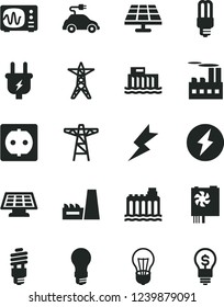 Solid Black Vector Icon Set - lightning vector, solar panel, bulb, light, hydroelectric station, hydroelectricity, power line, pole, plug, socket, industrial building, thermal plant, energy saving