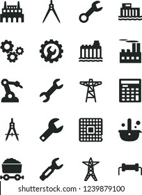 Solid Black Vector Icon Set - repair key vector, gear, hydroelectric station, hydroelectricity, power line, pole, industrial building, factory, processor, robot welder, Measuring compasses, steel