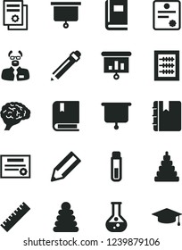 Solid Black Vector Icon Set - graphite pencil vector, yardstick, new abacus, stacking rings, toy, e, notebook, flask, scientific publication, presentation, test tube, brain, book, scientist, board