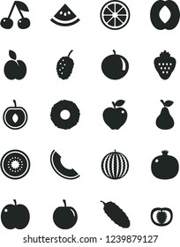Solid Black Vector Icon Set - cucumber vector, strawberry, apple, pear, cherry, pomegranate, red, tasty mulberry, water melon, slice of, half peach, tangerine, plum, juicy lemon, kiwi, pineapple