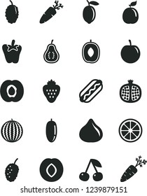 Solid Black Vector Icon Set - Hot Dog vector, peper, carrot, strawberry, cherry, half apricot, pomegranate, plum, fig, mulberry, tasty, water melon, delicious, date fruit, lemon, juicy, guava