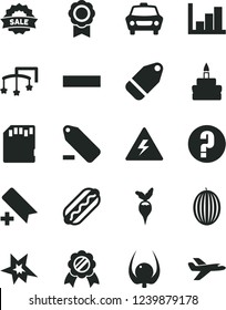 Solid Black Vector Icon Set - danger of electricity vector, add bookmark, minus, remove label, negative histogram, question, toys over the cot, car, Hot Dog, birthday cake, melon, physalis, radish