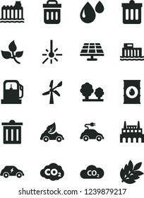 Solid Black Vector Icon Set - bin vector, dust, solar panel, leaves, gas station, wind energy, oil, hydroelectric, hydroelectricity, trees, industrial factory, drop, eco car, electric, transport