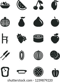 Solid Black Vector Icon Set - a chair for feeding vector, canned goods, mini hot dog, plate of fruit, barbecue, orange slice, biscuit, sandwich, cherry, half pomegranate, branch grape, red apple