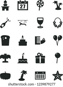Solid Black Vector Icon Set - daily calendar vector, colored air balloons, cake, gift, Easter, birthday, Chupa Chups, lollipop, glass, pumpkin, wall, sand castle, champagne, hotel, beach, palm tree