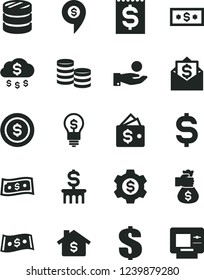 Solid Black Vector Icon Set - dollar vector, coins, column of, denomination the, financial item, catch a coin, money bag hand, rain, mortgage, gear, wallet, idea, mail, pin, atm