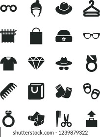 Solid Black Vector Icon Set - paper bag vector, hat, with glasses, accessories for a hairstyle, comb, warm socks, Knitted, shoes little children, winter, handles, T shirt, hanger, cloth industry