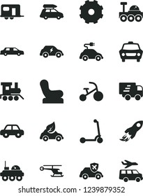Solid Black Vector Icon Set - truck lorry vector, Baby chair, motor vehicle, toy train, tricycle, child Kick scooter, car, eco, electric, transport, autopilot, space rocket, Express delivery, camper