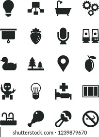 Solid Black Vector Icon Set - matte light bulb vector, beanbag, rubber duck, window frame, bath, microphone, chicken leg, raspberry, lemon, forest, location, three gears, hierarchical scheme, robot