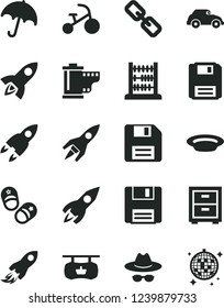 Solid Black Vector Icon Set - floppy disk vector, spectacles, hat with glasses, camera roll, bedside table, tricycle, child shoes, abacus, umbrella, plate, retro car, antique advertising signboard