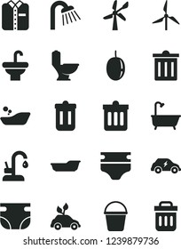 Solid Black Vector Icon Set - bin vector, diaper, nappy, children's bathroom, bath, bucket, washbasin, toilet, shower, kitchen faucet, dust, folded shirt, passion fruit, windmill, wind energy, trash