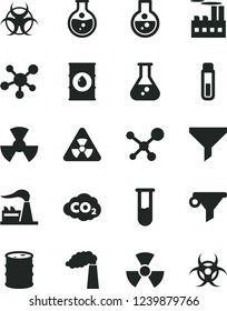 Solid Black Vector Icon Set - round flask vector, manufacture, factory, oil, barrel, industrial building, radiation, carbon dyoxide, filter, water, test tube, molecule, nuclear, biohazard