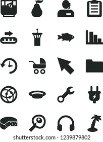 Solid Black Vector Icon Set - positive histogram vector, baby carriage, cheese, plate, fish, a glass of tea, ripe guava, plug, production conveyor, dispatcher, headphones, network, folder, repair