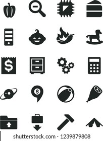 Solid Black Vector Icon Set - zoom out vector, bedside table, upload folder, baby bath ball, funny hairdo, small rocking horse, hammer, piece of cake, grill chicken leg, Bell pepper, hot, smd, gears