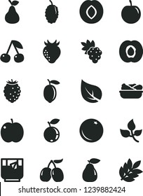Solid Black Vector Icon Set - lettuce in a plate vector, glass of tea, pear, orange, cherry, apple, half apricot, grape, plum, strawberry, tasty raspberry, blueberry, mulberry, cornels, lemon, leaf