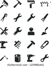 Solid Black Vector Icon Set - paint roller vector, repair key, safety pin, building trowel, small tools, adjustable wrench, cordless drill, hand saw, spatula, road fence, hammer, with claw, builder