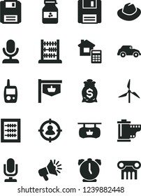 Solid Black Vector Icon Set - desktop microphone vector, hat, camera roll, new abacus, toy mobile phone, estimate, alarm clock, jar of jam, windmill, retro car, vintage sign, man in sight, floppy