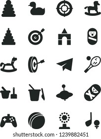 Solid Black Vector Icon Set - paper airplane vector, rubber duck, bath ball, stacking rings, toy, roly poly doll, tumbler, sand set, children's, yule, rocking horse, small, box of bricks, joystick