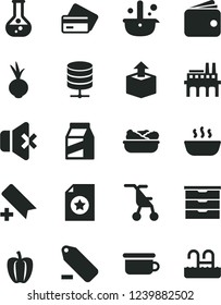 Solid Black Vector Icon Set - add bookmark vector, remove label, storage unit, sitting stroller, children's potty, big data server, no sound, package, unpacking, hot porridge, lettuce in a plate