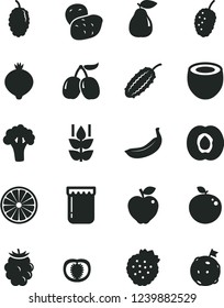 Solid Black Vector Icon Set - jam vector, strawberries, mint, half apricot, pear, red apple, medlar, blackberry, mulberry, tasty, cornels, banana, of orange, delicious, coconut, tomato, potato