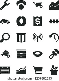 Solid Black Vector Icon Set - line chart vector, storage unit, beanbag, garden trolley, building, bundle of eggs, a plate milk, half peach, mashroom, retro car, repair key, cart, financial item