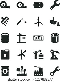 Solid Black Vector Icon Set - repair key vector, tower crane, measuring tape, long meashuring, spatula, commercial seaport, windmill, wind energy, oil, barrel, industrial building, canister of, pipe