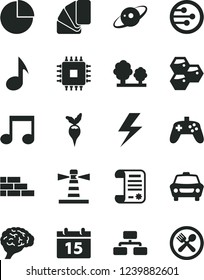 Solid Black Vector Icon Set - lightning vector, pie chart, brick wall, sample of colour, calendar, car, flowchart, honeycombs, radish, trees, lighthouse, research article, cpu, network, note, brain