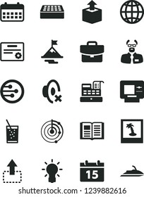 Solid Black Vector Icon Set - silent mode vector, brick, calendar, book, earth, suitcase, unpacking, move up, a glass of soda, cash machine, network, bulb, scientist, radar, motivation, certificate