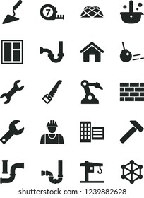 Solid Black Vector Icon Set - repair key vector, crane, house, builder, brickwork, building trowel, window, arm saw, long meashuring tape, siphon, sewerage, city block, pavement, hammer, core