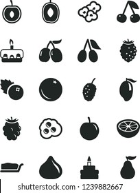 Solid Black Vector Icon Set - cake slice vector, torte, birthday, popcorn, omelette, blueberries, orange, cherry, cornels, fig, blackberry, tasty raspberry, mulberry, mango, delicious plum, half