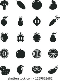 Solid Black Vector Icon Set - cucumber vector, apple, quince, strawberry, rose hip, half of medlar, blackberry, water melon, mango, loquat, yellow lemon, slice, grapefruit, ripe guava, potato