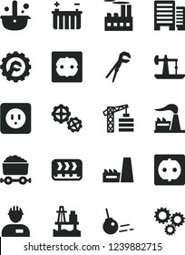 Solid Black Vector Icon Set - tower crane vector, workman, gears, adjustable wrench, power socket type b, f, buildings, star gear, core, sea port, oil derrick, factory, battery, industrial building