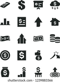 Solid Black Vector Icon Set - upward direction vector, dollar, coins, chart, a crisis, article on the, financial item, money, report, growth arrows, gold bar, bag hand, rain, coin, mortgage, column