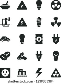 Solid Black Vector Icon Set - lightning vector, danger of electricity, bulb, a bowl buckwheat porridge, coffee beans, working oil derrick, light, hydroelectric station, plug, electric, socket