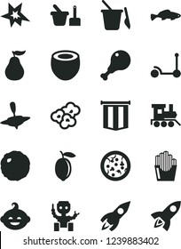 Solid Black Vector Icon Set - toy sand set vector, children's, funny hairdo, baby train, small yule, Kick scooter, pizza, chicken leg, cabbage, fried potato slices, popcorn, fish, lemon, ripe guava