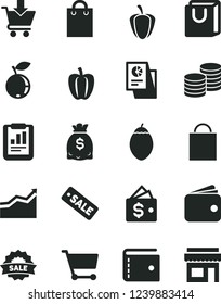 Solid Black Vector Icon Set - paper bag vector, purse, put in cart, with handles, coins, blueberry, tamarillo, Bell pepper, ripe, statistical report, wallet, dollars, research, season sale, store
