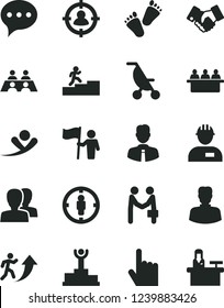 Solid Black Vector Icon Set - women vector, summer stroller, children's tracks, workman, employee, index finger, speech, court hearing, woman, man in sight, goal, handclasp, conversation, arrow up