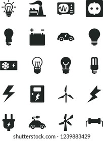 Solid Black Vector Icon Set - lightning vector, matte light bulb, dangers, windmill, wind energy, factory, accumulator, plug, power socket, mercury, electric car, transport, pc supply, oscilloscope